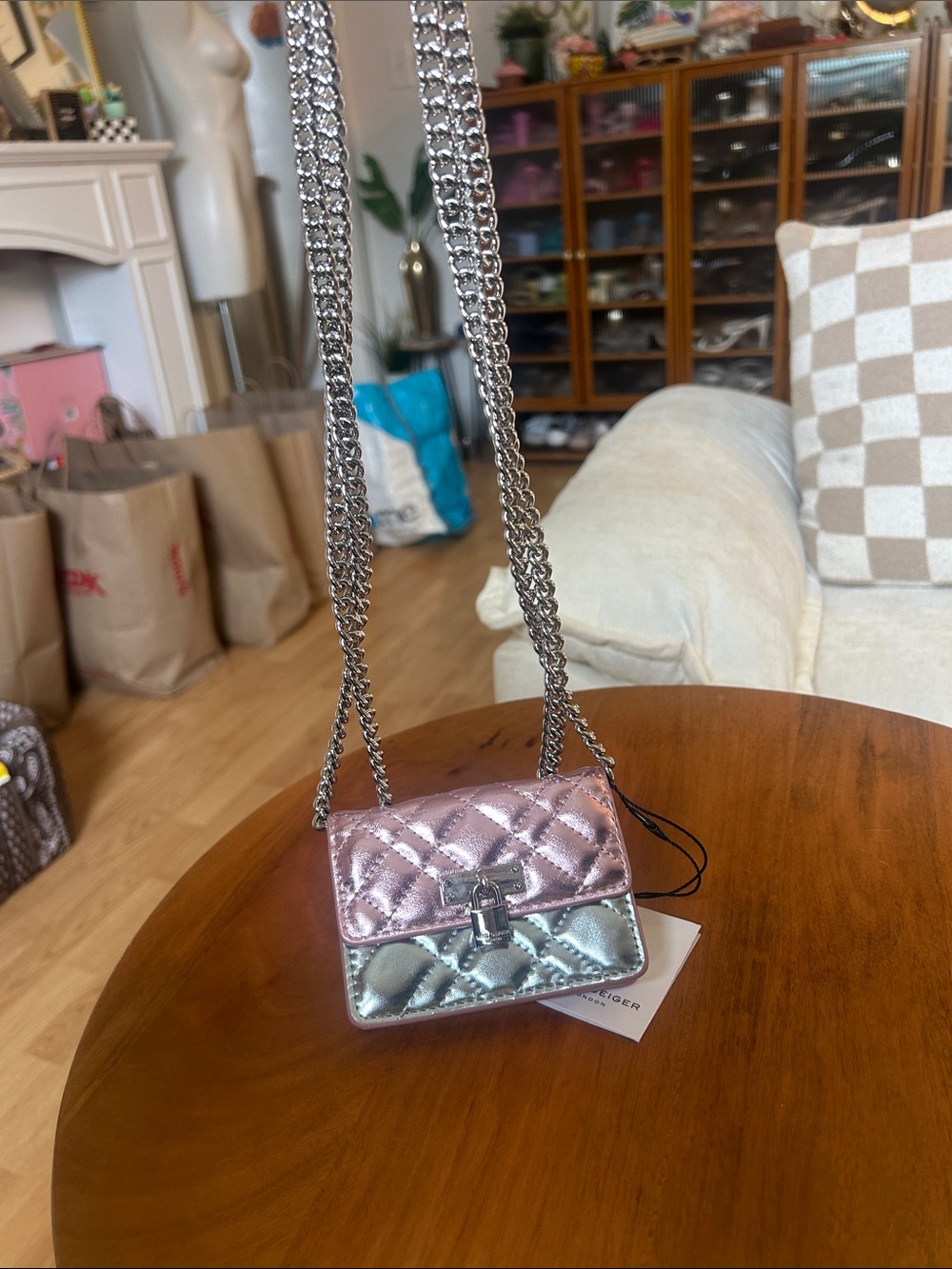 Kurt Geiger Pink and Blue Metalic Quilted Mini Crossbody with Chain - Picture 2 of 6